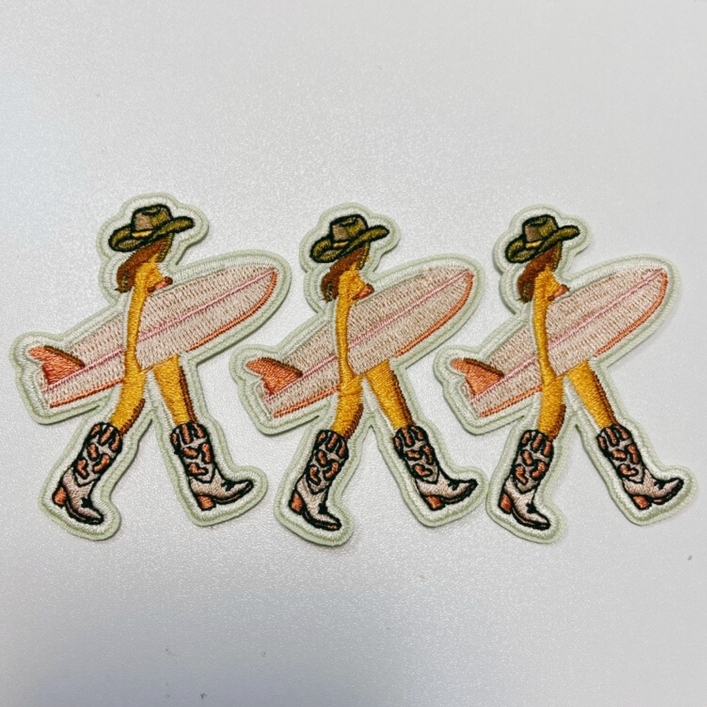 2.5" Cowgirl w Surfboard - Embroidered Hat Patch
